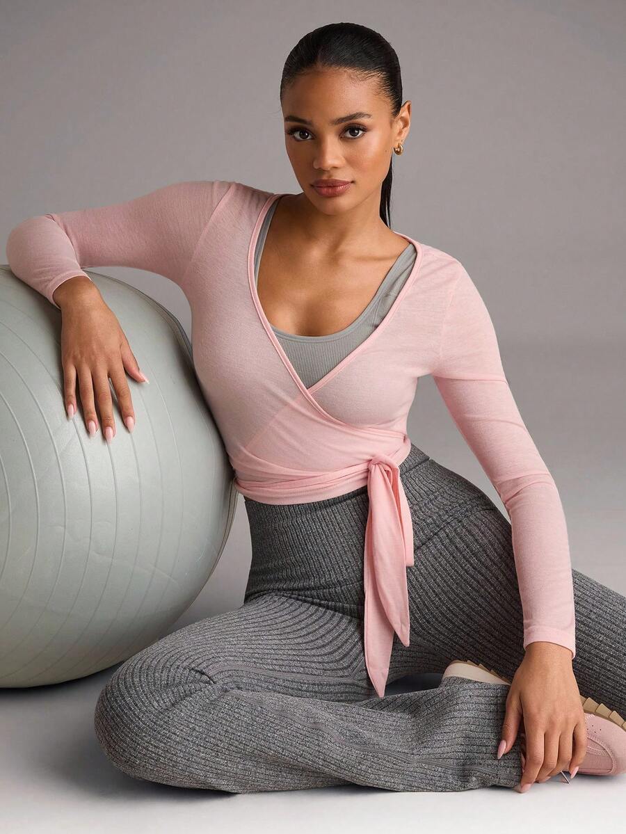 SHEIN BAE Áo thun dài tay buộc dây phía trước thể thao mọi mùa dành cho nữ, họa tiết mỏng, áo chui đầu màu trắng đa năng - Hồng - Xem 1