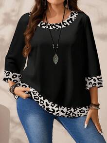EMERY ROSE Plus Size Women Casual Leopard Print Round Neck Loose 3/4 Sleeve Shirt, Suitable For Spring & Autumn - Black - View 5