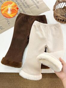SHEIN Vintaside Kids 2pcs 2 New Autumn Baby Girls And Children's New Products Are Fashionable And Cute, Corduroy Composite Plush Fabric, Spliced Plush Flared Trousers, Daily Outfits, Must-Have When Going Ou Fall Winter