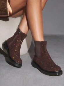 CUCCOO SZL Women's Round Toe Thick Sole Fashionable British Style Coffee Color Fully Rhinestoned Luxurious Personalized Chelsea Boots, Boots, Motorcycle Ankle Boots