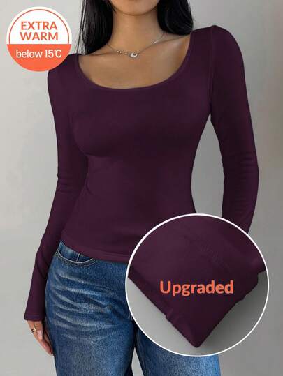 SHEIN BASICS Women's Casual Solid Color Knit Scoop Neck Long Sleeve Slim Fit T-Shirt, Upgraded Thermal Fabric, Thermal Lined Without Bulkiness, Slim Fitted Stretch Undershirt Tee Blouse For Fall And Winter