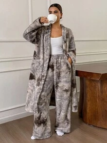 DAZY 女士扎染印花加厚抓绒睡袍裤套装，冬季长款睡衣，舒适保暖，秋季服装，蓬松柔软 - 卡其色 - 查看 6