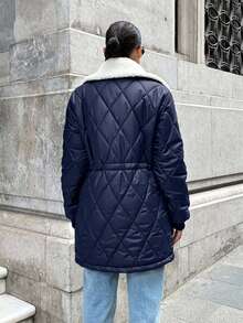 EURMUSE Women Padded Coat, The Waist-Closed Shape-Elegant Style, Contrast Colour, Rib Cuff - Navy Blue - View 5