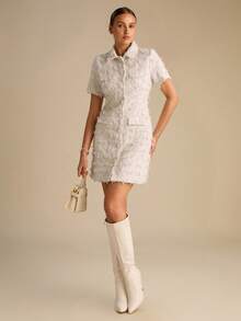 Enchnt Off-White Elegant Women's Single-Breasted Tweed Short Dress,Autumn Fringe Short Sleeve Fashionable Outfits,Chic For Date&Tea Party&Commuting - Beige - View 4