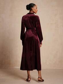 Lyxana 天鹅绒领长袖系带优雅女式连衣裙 - 酒紅色 - 查看 2