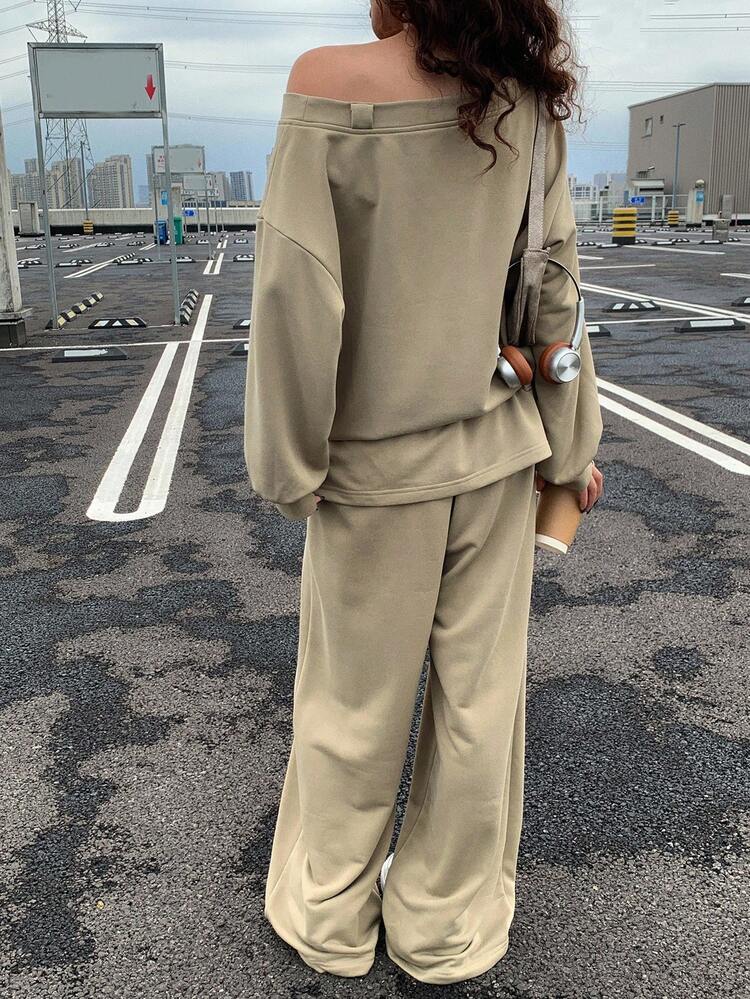 Women's Loose Solid Color Asymmetric-Shoulder Long Sleeve Pullover Hoodie With Drawstring Waist And Wide Leg Pants Two Pieces Casual Street Suit, Autumn/Winter Tracksuits Women Set