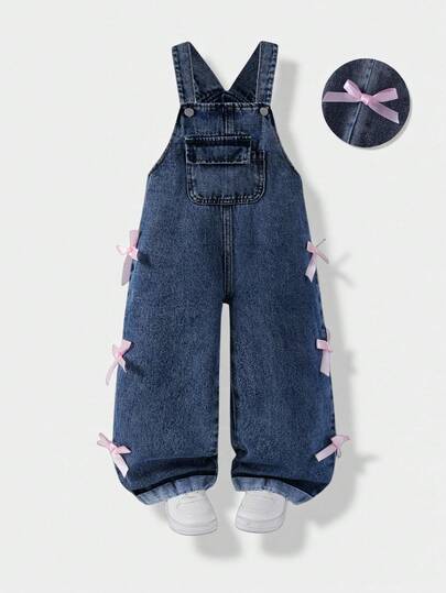 Young Girls' Vintage Mid-Blue Washed Denim Overalls With Bow Decor, Loose Straight Fit, Soft & Comfortable Casual Jeans For Girls Fall Winter