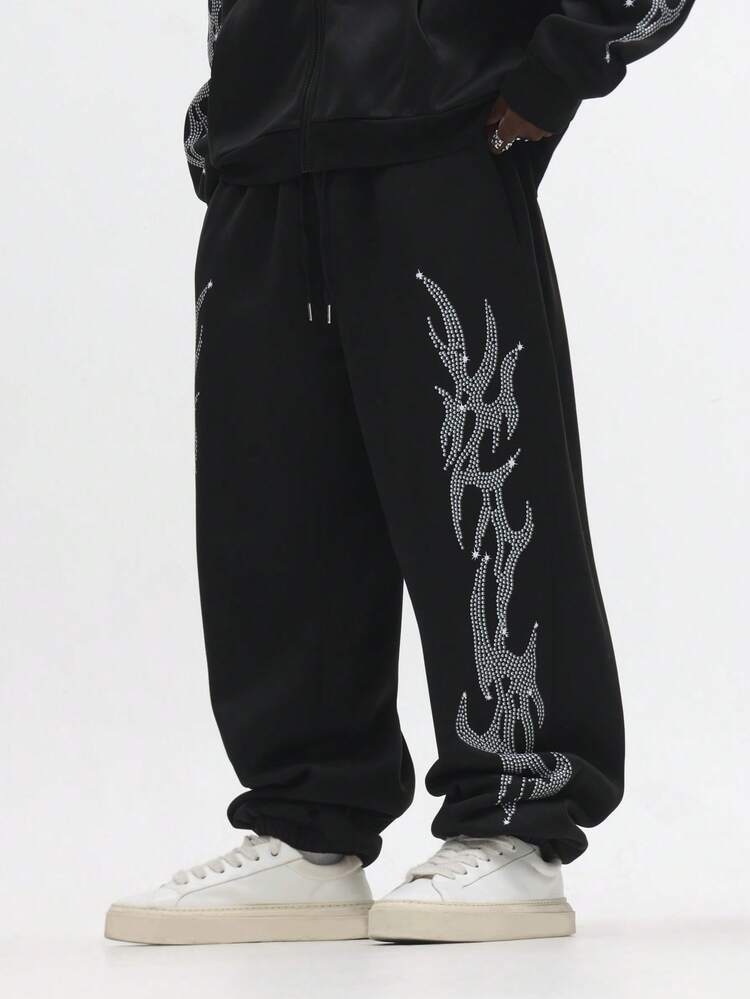 Wide Leg Sweatpants With Rhinestone Design