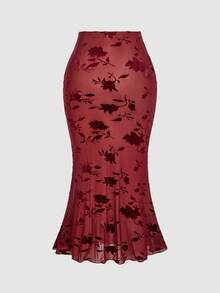 SHEIN MOD 女士花卉印花褶饰吊带背心和鱼尾裙两件套修身套装 - 紅色 - 查看 7