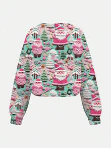 EMERY ROSE 女士圣诞树、圣诞老人和礼物印花 V 领针织毛衣、休闲 V 领套头衫，适合日常和节日穿着，圣诞礼物 - 彩色 - 查看 2