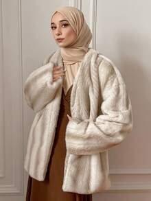 DAZY Women's Fluffy Colorblock Loose Casual Business Jacket, Elegant For New Year, Christmas, Wedding Party, Autumn/Winter Women Coats Modest Fashion - Beige - View 1