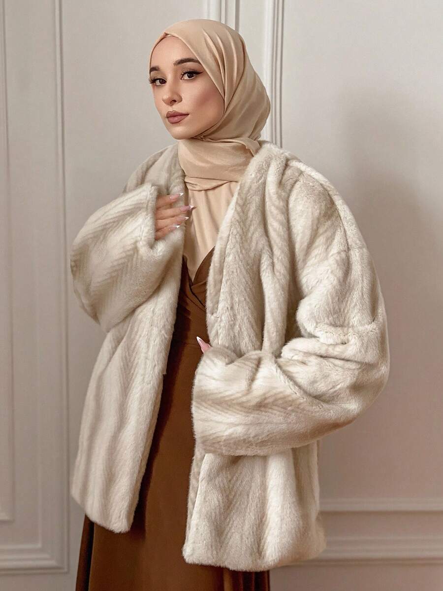 DAZY Women's Fluffy Colorblock Loose Casual Business Jacket, Elegant For New Year, Christmas, Wedding Party, Autumn/Winter Women Coats Modest Fashion - Beige - View 1