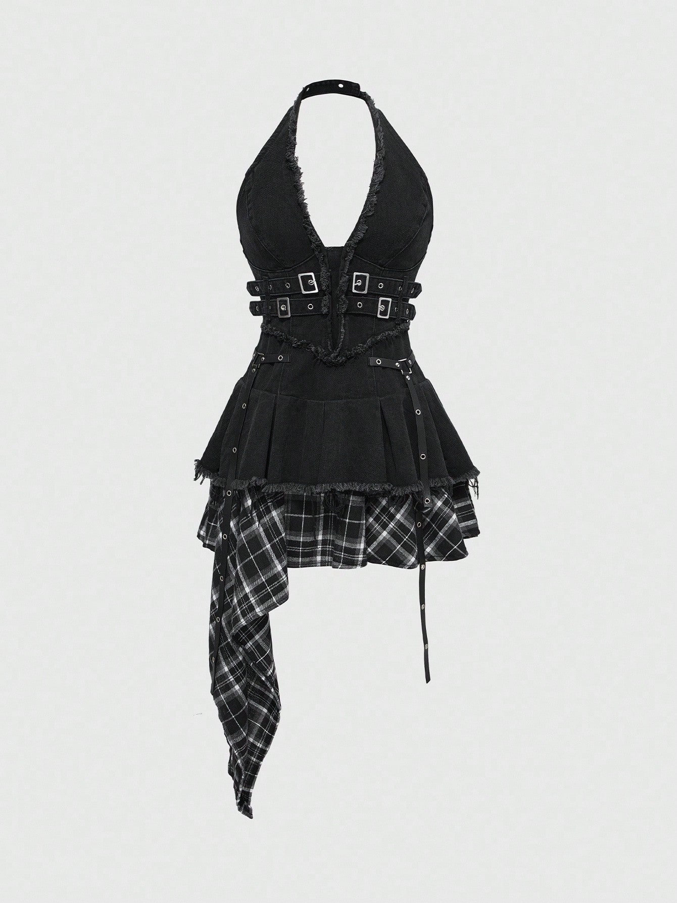 Plaid patchwork denim dress