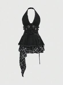 ROMWE Grunge Punk 女式牛仔拼布格子不对称下摆露背流苏牛仔连衣裙 - 彩色 - 查看 1