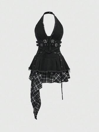 Grunge Punk Women's Denim Patchwork Plaid Asymmetrical Hem Halter Fringe Denim Dress