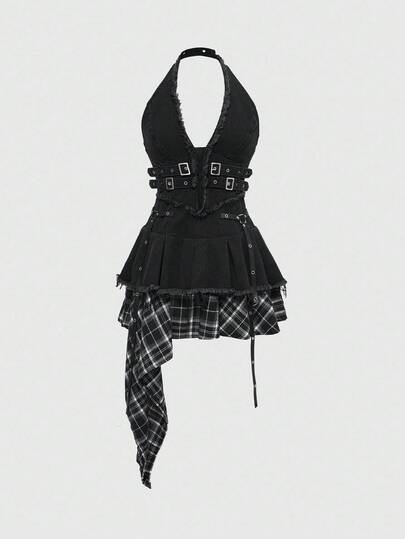 ROMWE Grunge Punk 女式牛仔拼布格子不对称下摆露背流苏牛仔连衣裙