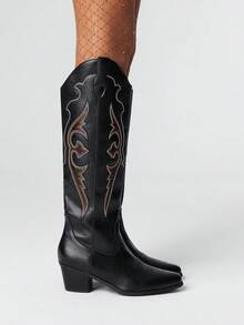 ROMWE Kawaii Botas occidentales de mujer con diseño hueco de alas de mariposa bordadas, nuevas botas de piel por encima de la rodilla para primavera/otoño - Negro - Ver 4