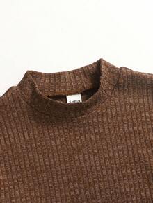2pcs Tween Girl Solid Color Knit Cropped Polo Neck T-Shirt And Flared Pants Set - Mocha Brown - View 6