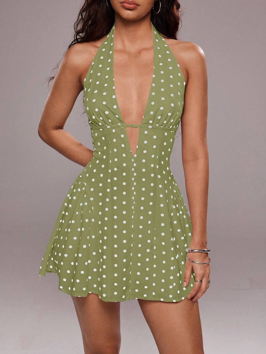 TRNVIE Women's Polka Dot Print Sexy V-Neck Backless Mini Dress