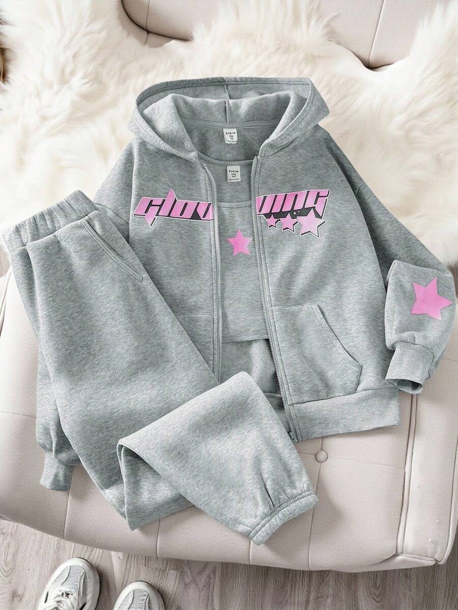 SHEIN 少女三件套:带星星印花的保暖连帽拉链外套、罗纹针织无袖背心和慢跑裤,休闲返校装,浅灰色秋冬款 - 灰色 - 查看 1