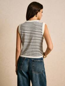 Poéselle 女式秋季条纹金属单排扣休闲针织背心 - 白色 - 查看 6