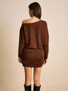 Poéselle Women's Vintage Off-Shoulder Long Sleeve  Casual Metal Eyelet   Mini Dress ,Party Women Dresses,Christmas Women Dress,New Year Eve Dress,Elegant Women Dresses,Oversized Dress,Brown Dress,Cozy Fall And Winter Clothes For Women ,Suitable For Daily Wear, Going Out,Commuting,Fall/Winter