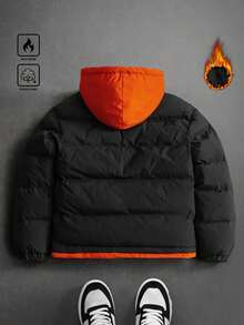 Manfinity Hypemode Men's Vacation Casual Contrast Color Patchwork Hooded Winter Coat, Fall/Winter - Black - View 2