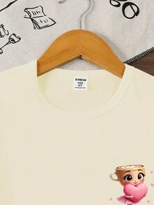 Elladie kids 2025 New Girls 4-7 Years Old Spring/Summer Casual Chic Vacation Fashion Floral Print Top T-Shirt, Suitable For School, Vacation, Travel, Outdoor Sports, Back To School, Cappuccino Ballerina Kawaii Clothes For Kids Kid Clothes For Girls T Shirt Cute Kid Tops Kids Undershirts Girls