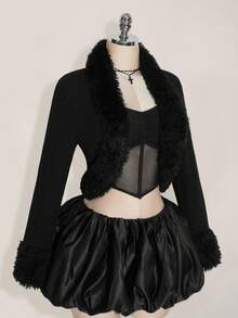 SHEIN ICON Plus Size Solid Fuzzy Trim Open Front Crop Fall Clothes Women Jacket/ Winter - Black - View 5