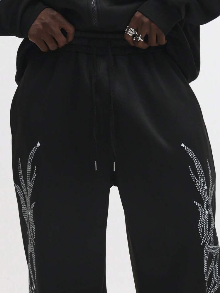 Wide Leg Sweatpants With Rhinestone Design