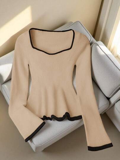 Franclia French Elegant Square Neck Stretchy Fitted Long Sleeve Knit Sweater, Contrast Trim, Suitable For Back To School Season, Apricot, Beige, Black, Cute Knit Top For Daily Wear, Ruffle Hem, Autumn/Winter
