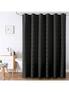 1 件黑色天鹅绒球流苏浴帘，简约 3D 镂空设计防水涤纶浴室窗帘，含挂钩家居浴室装饰秋季装饰浴室配件返校
