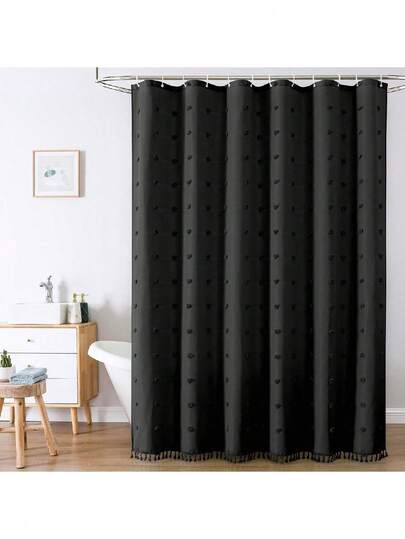 1pc Black Velvet Ball Fringe Shower Curtain, Minimalist 3D Cut-Out Design Waterproof Polyester Bathroom Curtain, Hooks Included Home Bathroom Decor Fall Decor Bathroom Accessories Back To School