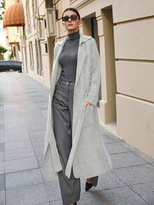 EURMUSE Maxi Cardigan With Belt Outwear Jacket Fall Winter - Beige - View 3