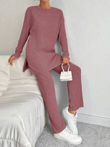 EURMUSE 2pcs Women Casual Side Slit Long Sleeve Top And Pants Set, Autumn - Dusty Pink - View 6
