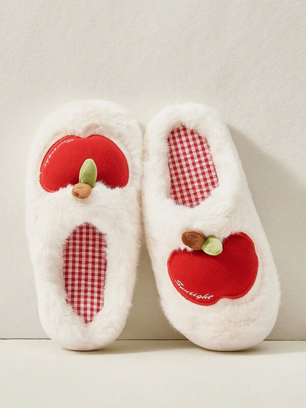 Cuccoo Zapatillas de casa de peluche blanco cálido con forma de manzana, regalo de Navidad y Acción de Gracias