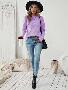 EMERY ROSE Women's Solid Color Stand Collar Long Sleeve Fitted Pullover Sweater, Autumn/Winter - Purple - View 5