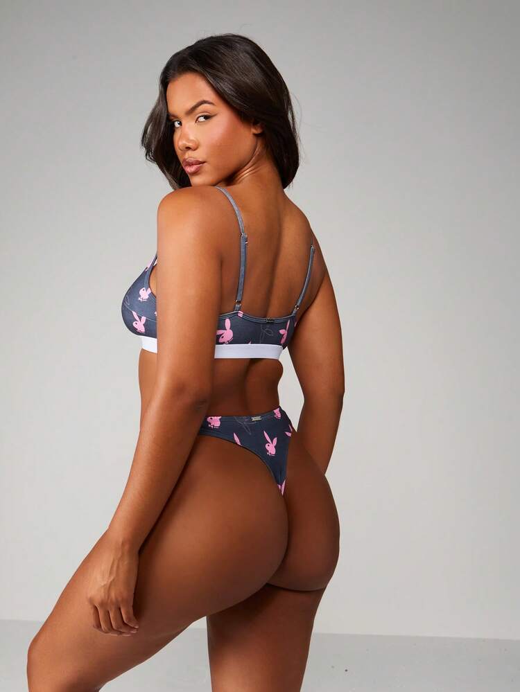 Missguided x Playboy バニープリント トライアングルブラレット エラスティックバンド スパゲッティストラップ