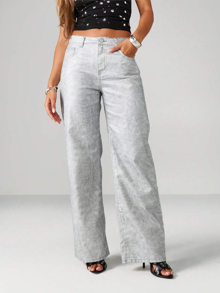 MISSGUIDED Celana Jeans Lebar Model Washed dengan Pinggang Tinggi, Gaya Vintage, Potongan Palazzo, Bawahan Modis untuk Musim Gugur dan Musim Dingin - Grey - View 1
