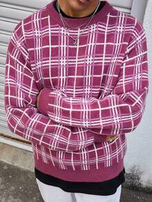 Manfinity Roghcode Suéter Casual Masculino de Gola Careca de Manga Longa Solta em Tricô Xadrez, Outono/Inverno - Pink - Visão 4