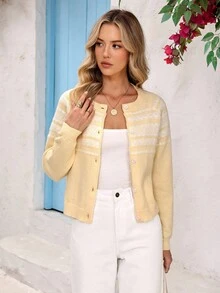 Vivid Eden Women's Geometric Pattern Raglan Sleeve Single-Breasted Casual Knit Cardigan Autumn Winter Clothes For Women - Yellow - View 6