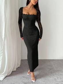 SHEIN PETITE 女式新款夏季派对约会晚会性感S型蕾丝长袖胸罩鱼骨方领紧身黑色长裙 - 黑色 - 查看 4