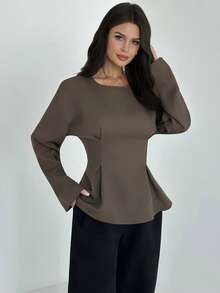 Firerie 女士优雅通勤休闲复古竹纹圆领长袖收腰褶皱 X 型常规衬衫，适合秋冬季、工作、旅行、毕业、日常穿着 - 咖啡棕 - 查看 4