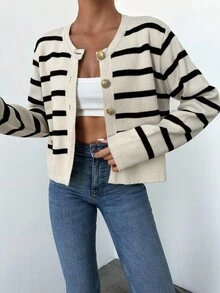 EURMUSE Striped Pattern Button Front Cardigan - Multicolor - View 4