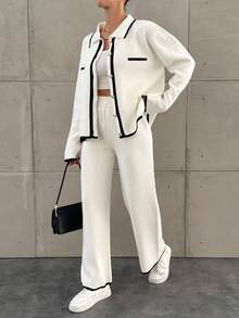 EURMUSE Lapel Front Button Cardigan And Knitted Pants - Black and White - View 4