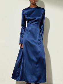 Aveloria Modichic French Luxury Elegant Women's Dress,Navy Blue Satin-Like Fabric A-Line Long Sleeve Dress,Autumn Minimalist Solid Color Dining Gala Party Wear - Navy Blue - View 3