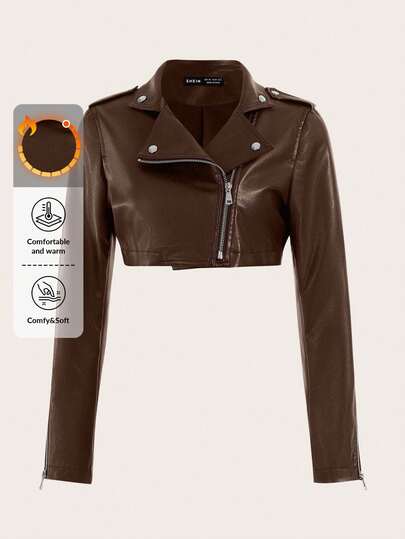 EURMUSE Women's Solid Color Long Sleeve Zip-Up Motorcycle Loose Cropped Leather Jacket