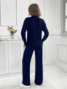 SHEIN PETITE Conjunto de suéter e calça de gola alta com manga caída