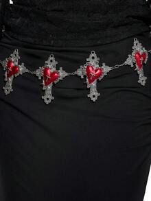 ROMWE Grunge Punk 1pc Gothic Style Heart-Shaped Rose Decor Waist Chain, Red Oil Drip Accessory For Dresses, Versatile Daily Wear, Halloween - Silver cross love - View 2
