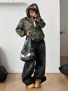 Coolane Felpa oversize con chiusura lampo, a maniche lunghe, in maglia, con fantasia mimetica, foderata termicamente, per tenere caldo, stile di base, adatta per uscire, per donna, colore verde, stile di coppia